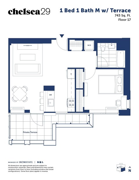 A floor plan for a 1 Bed 1 Bath M with Terrace sized at 743 Sq. Ft.